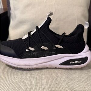 Pre loved unisex  Nautica Youth Size 6 Black and White Slip-On Athletic Sneakers